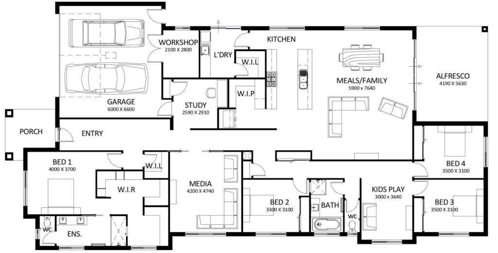 Elite 37 floorplan - 4 bed, 2 bath, 2 car
